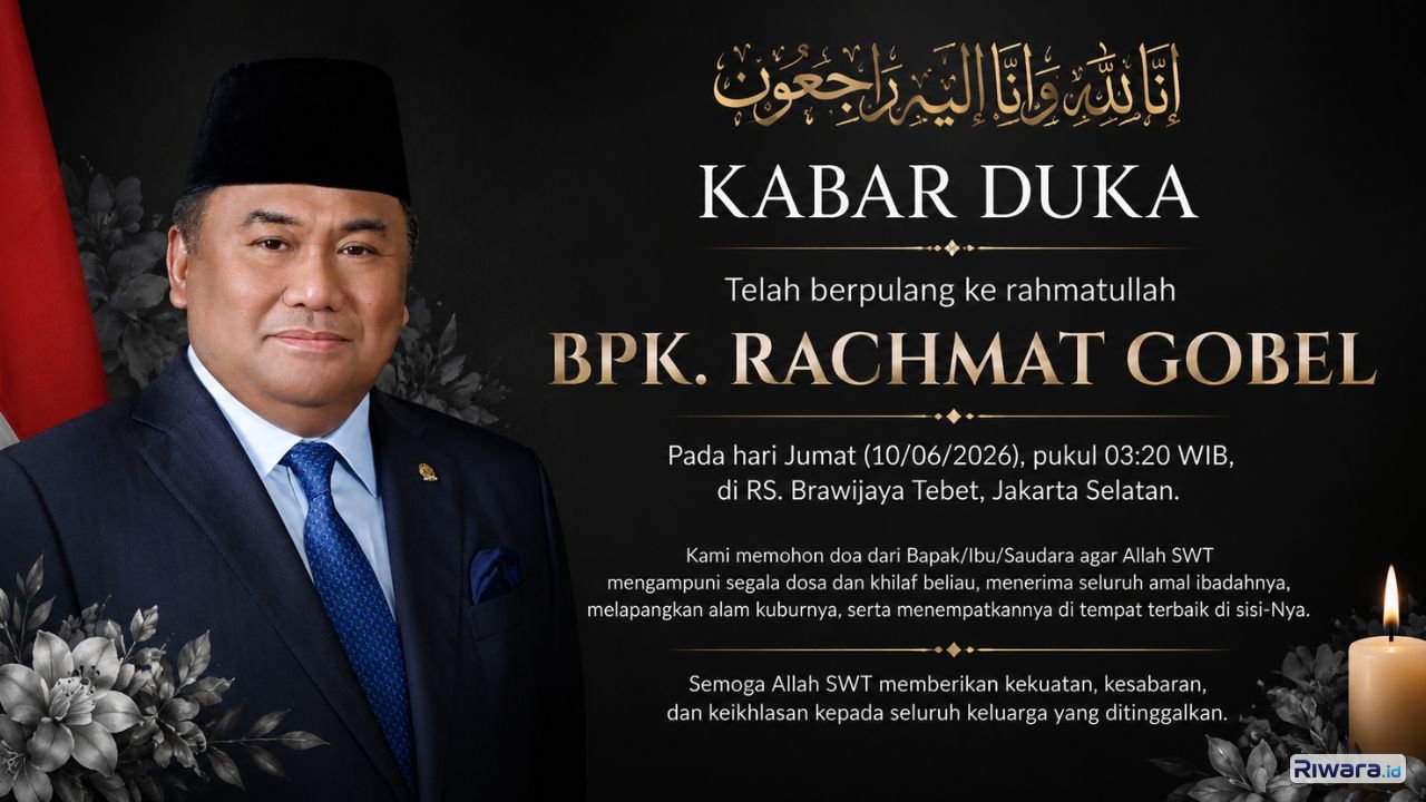 Grafis ucapan duka cita atas wafatnya Rachmat Gobel yang diumumkan keluarga melalui akun Instagram resmi pada Jumat 1072026 dini hari